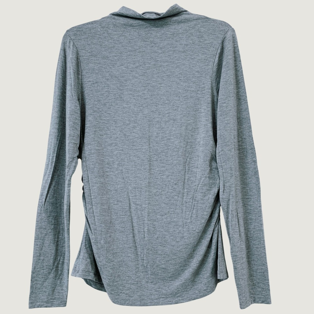 Elie Tahari Long Sleeve Top Women L Gray Mock Neck Ruched Thumbhole Modal Blend